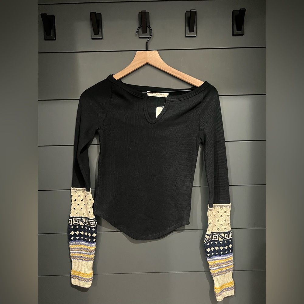 Free People Black Thermal Top with Sweater knit Patterned Sleeves